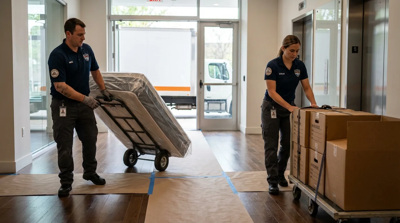 Professional apartment movers loading elevator in Hickman, NE